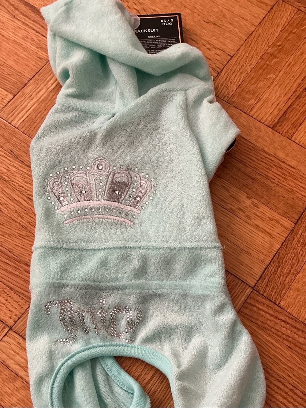 Juicy Couture dog track suit size XS /S for small dog. Mint green with crown